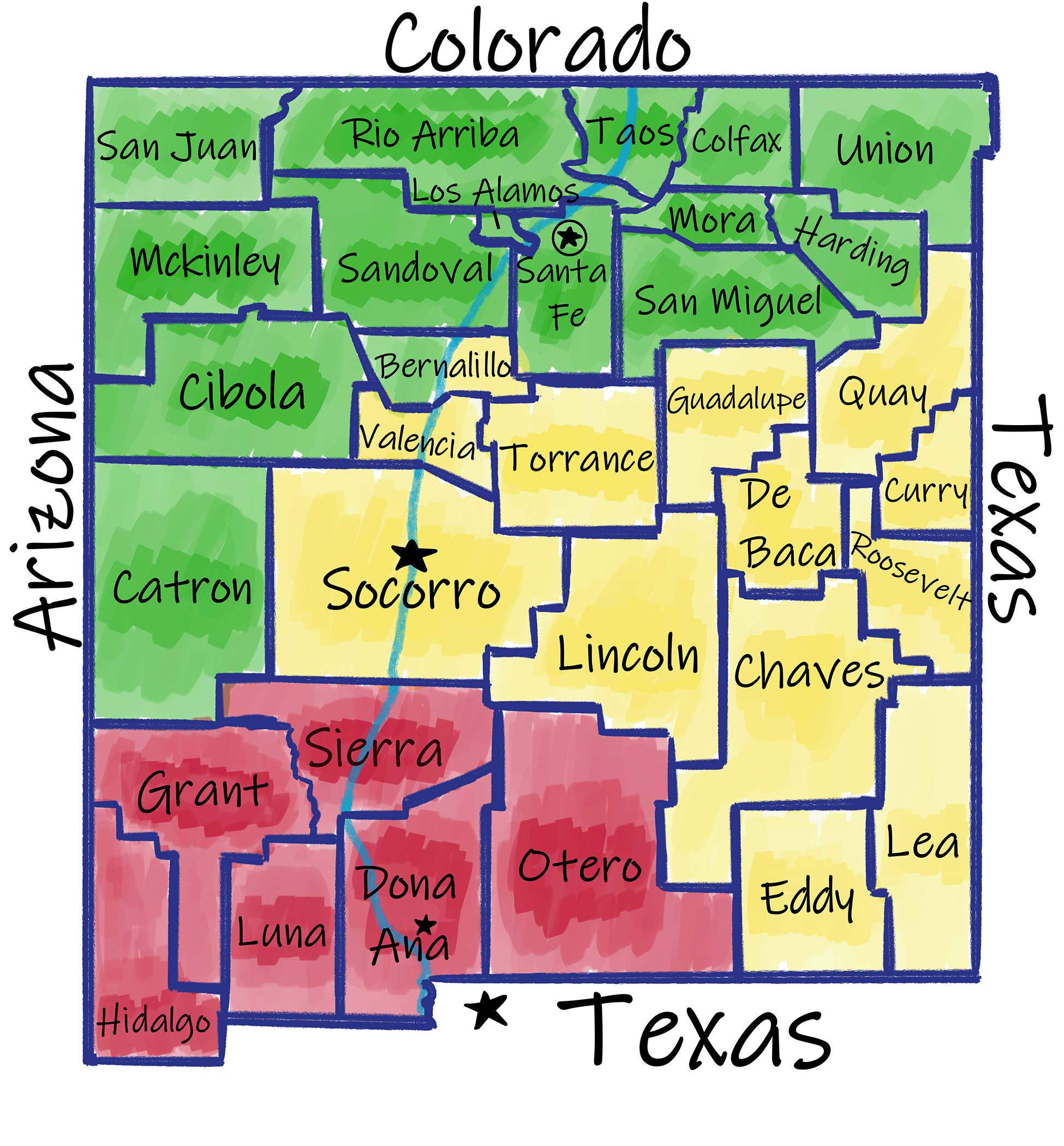 A county map of New Mexico color coded to specify recruiter coverage of the state.
