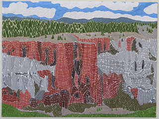 Artists rendering of Bryce Canyon with blue sky in the background.