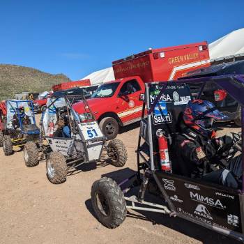 New Mexico Tech's off-road vehicle lines up for the Arizona Baja SAE Competition.