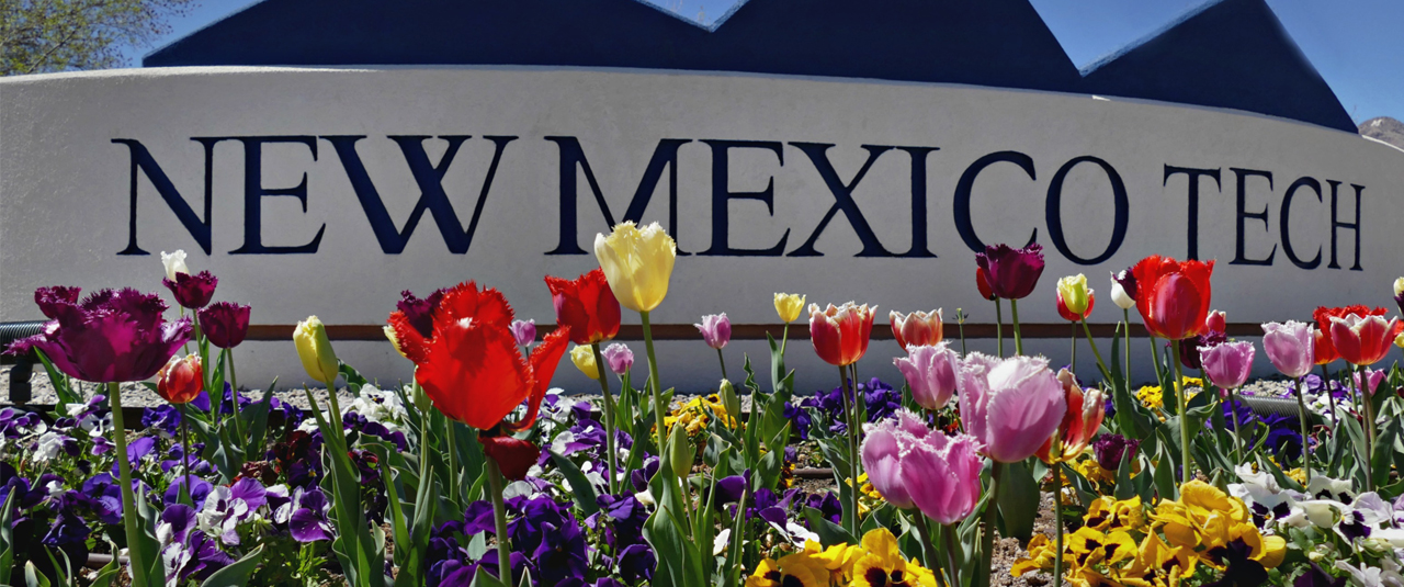 Image of New Mexico Tech sign with colorful flowers in front of the sign.