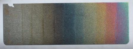 Steel sheet showing a variety of colors, each representing a stage in how it is anodized.