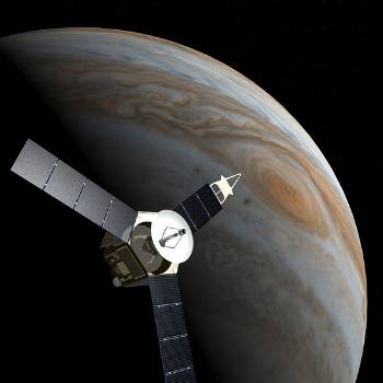 Satellite flying past Jupiter; Great Red Spot is visible