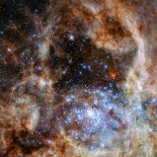 Astrophysics image with stars, dust, and molecular gas