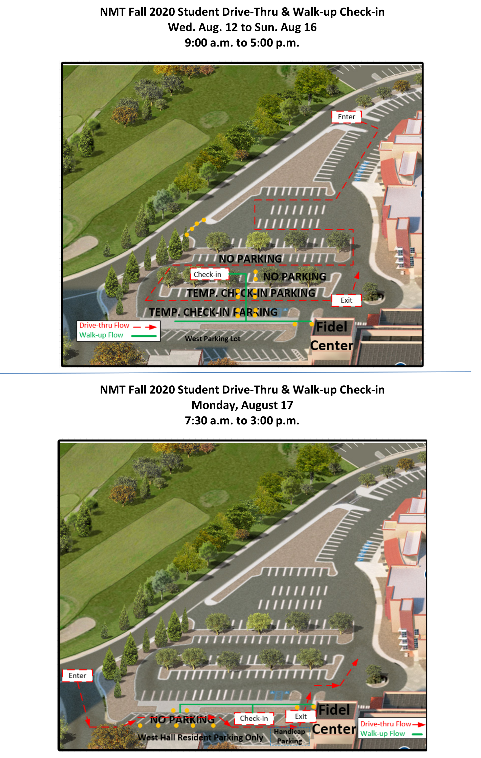 NMT Fall 2020 Student Drive-thru Check-in Traffic Flow