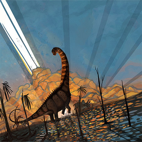 Illustration of the last dinosaurs from southern North American, featuring the sauropod Alamosaurus sanjuanensis, from the Naashoibito Member in the San Juan Basin of northwestern New Mexico.