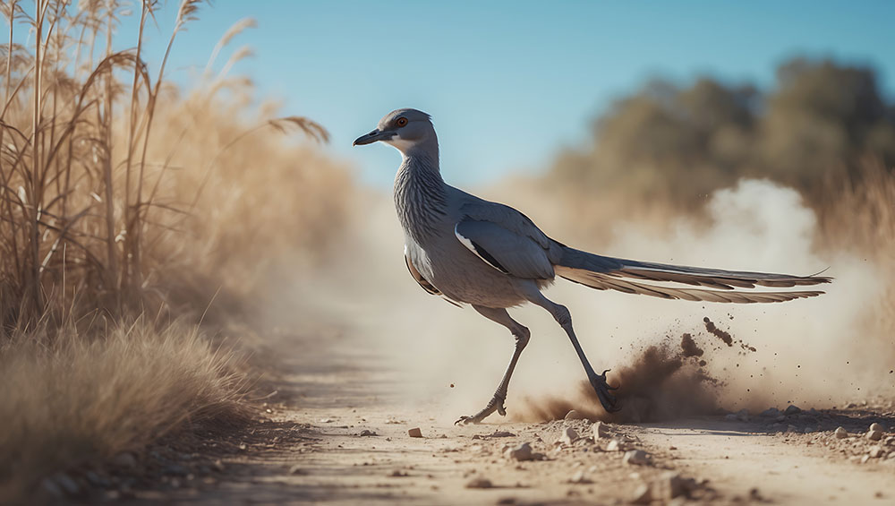 A roadrunner races along a dusty desert trail