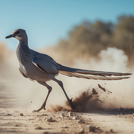 A roadrunner races along a dusty desert trail