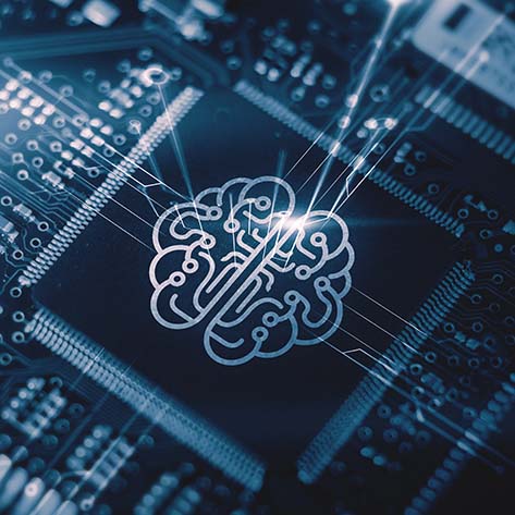 AI graphics computer chip brain memory power, futuristic blue background 