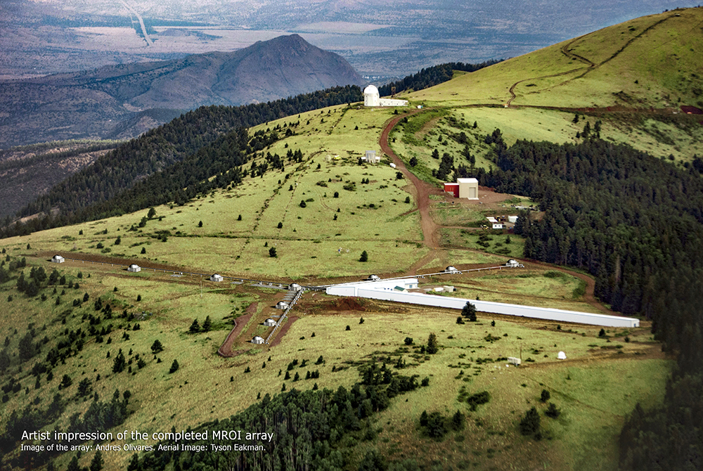 Aerial photo of MROI with telescopes superimposed to show artist's rendition of the completedastronomical facility.&nbsp; The MROI will simulate a telescope up to 347 meters in diameter whenit is completed.&nbsp; Today MROI has 2 telescopes on the array.&nbsp;(Photo Credit:&nbsp; Tyson Eakman andAndres Olivares (MROI))