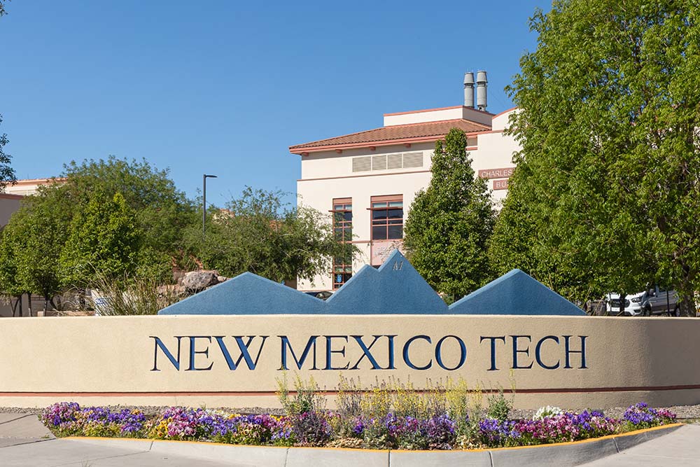 Beautiful flowers adorn the entrance of New Mexico Tech. 