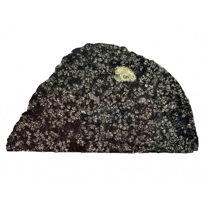 A slice of NWA 12774.The green circle is an olivine crystal, a magnesium-rich mineral. (Credit: John Kashuba)