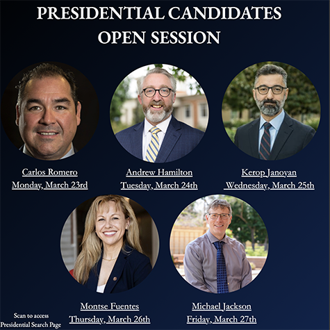 Presidential Search flyer showing photos of all 5 candidates
