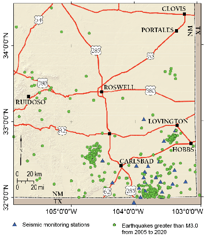 Map of seismic activity and seismic stations in the Delaware Basin