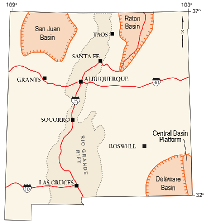 map of New Mexico with oil-and-gas basins highlighted