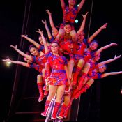 Image of many Chinese acrobats on a bicycle.