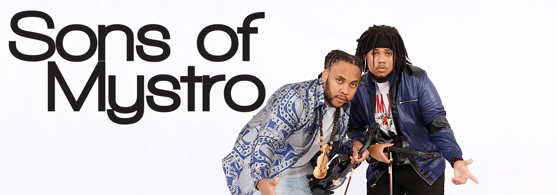 Sons of Mystro logo banner, showing the band name and the two siblings with their instruments.