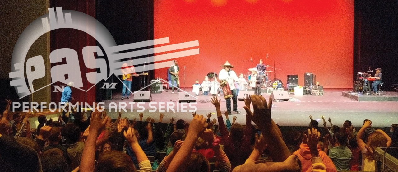 A picture from the crowd's view of a performance on the stage. The Performing Arts Series logo is prominent on the image.