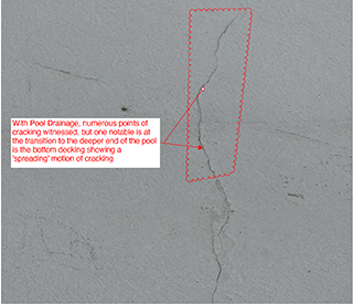 With Pool Drainage, numerous points of cracking witnessed, but one notable is at the transition to the deeper end of the pool is the bottom decking showing a 'spreading' motion of cracking