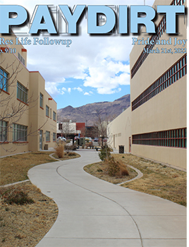 Image of a concrete path swerving between two buildings on campus.